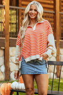 Orange Stripe Color Block Loose Fit Collared Drop Shoulder Sweatshirt