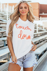 White Touchdown Tinsel Puff Short Sleeve Crew Neck Sweater