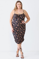 Plus Size Black Floral Ruched Midi Dress | Trendy & Flattering Fit