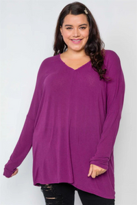 Plus Size Magenta Long Sleeve Tunic with V-Neck & Raw Hem