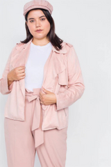 Plus Size Blush Suede Jacket with Raw Hem & Lapel