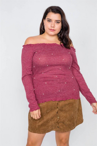 Plus Size Wine Off-The-Shoulder Pearl Ribbed Top | Elegant & Stylish