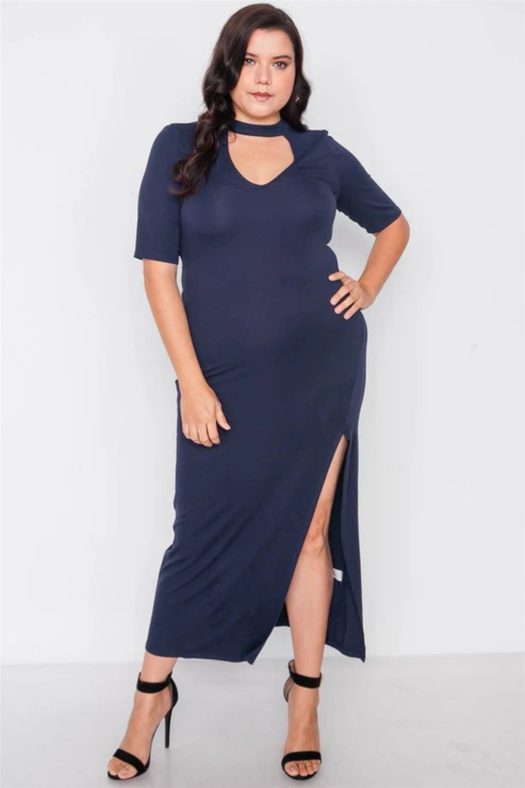 Plus Size Side Slit Maxi Dress - Navy Cut-Out Style