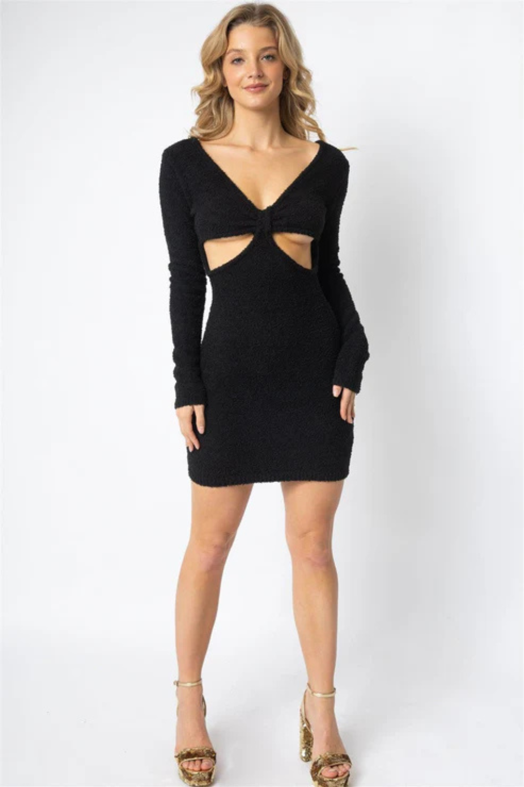 Black Fluffy Cut-Out Mini Dress - Trendy Long Sleeve Party Outfit