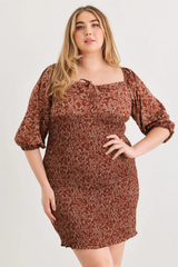 Plus Size Brown Floral Smocked Mini Dress | Trendy Puff Sleeves