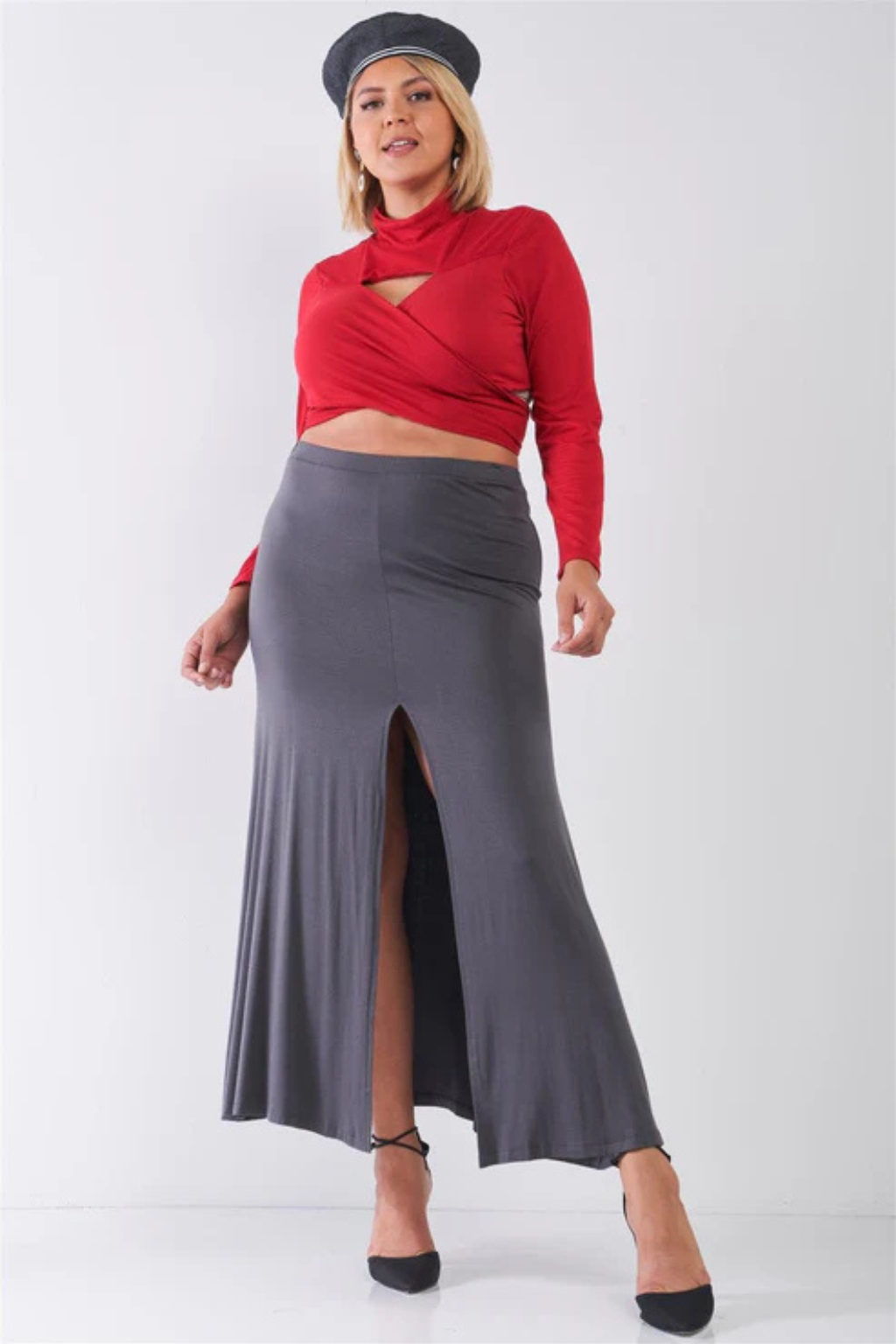 Plus Size Charcoal Maxi Skirt with Front Slit