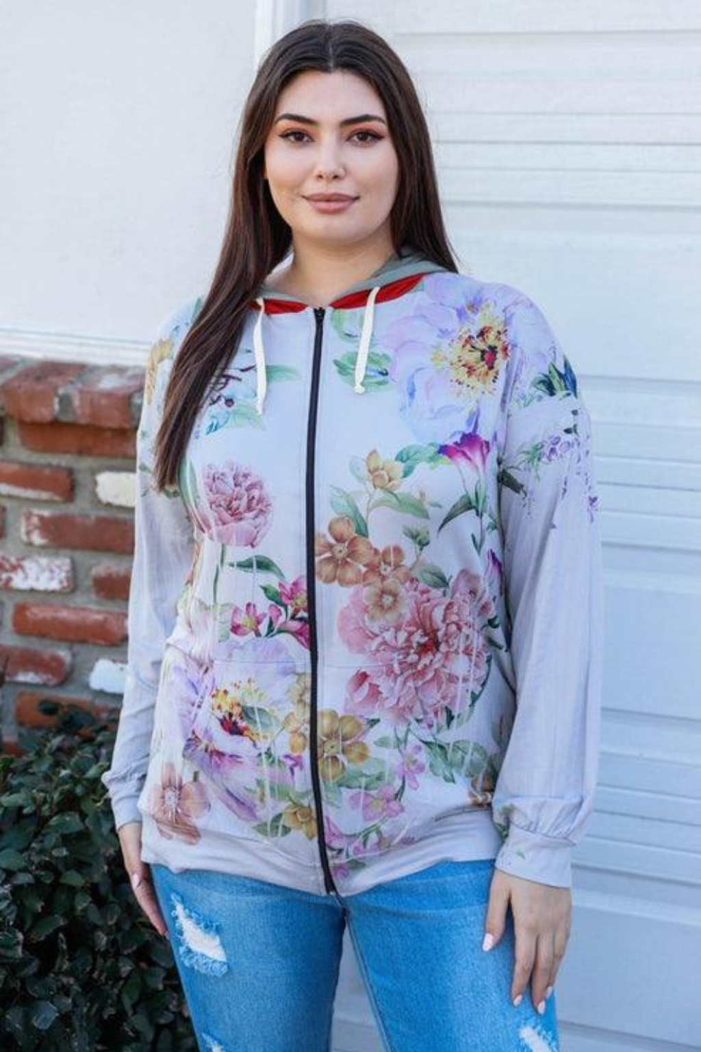 Plus Size Floral Zip-Up Hoodie with Striped Hood | Women’s Sweatshirt