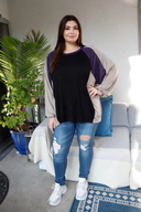 Plus Size Colorblock Dolman Sleeve Top – Black & Purple | Stylish & Comfortable