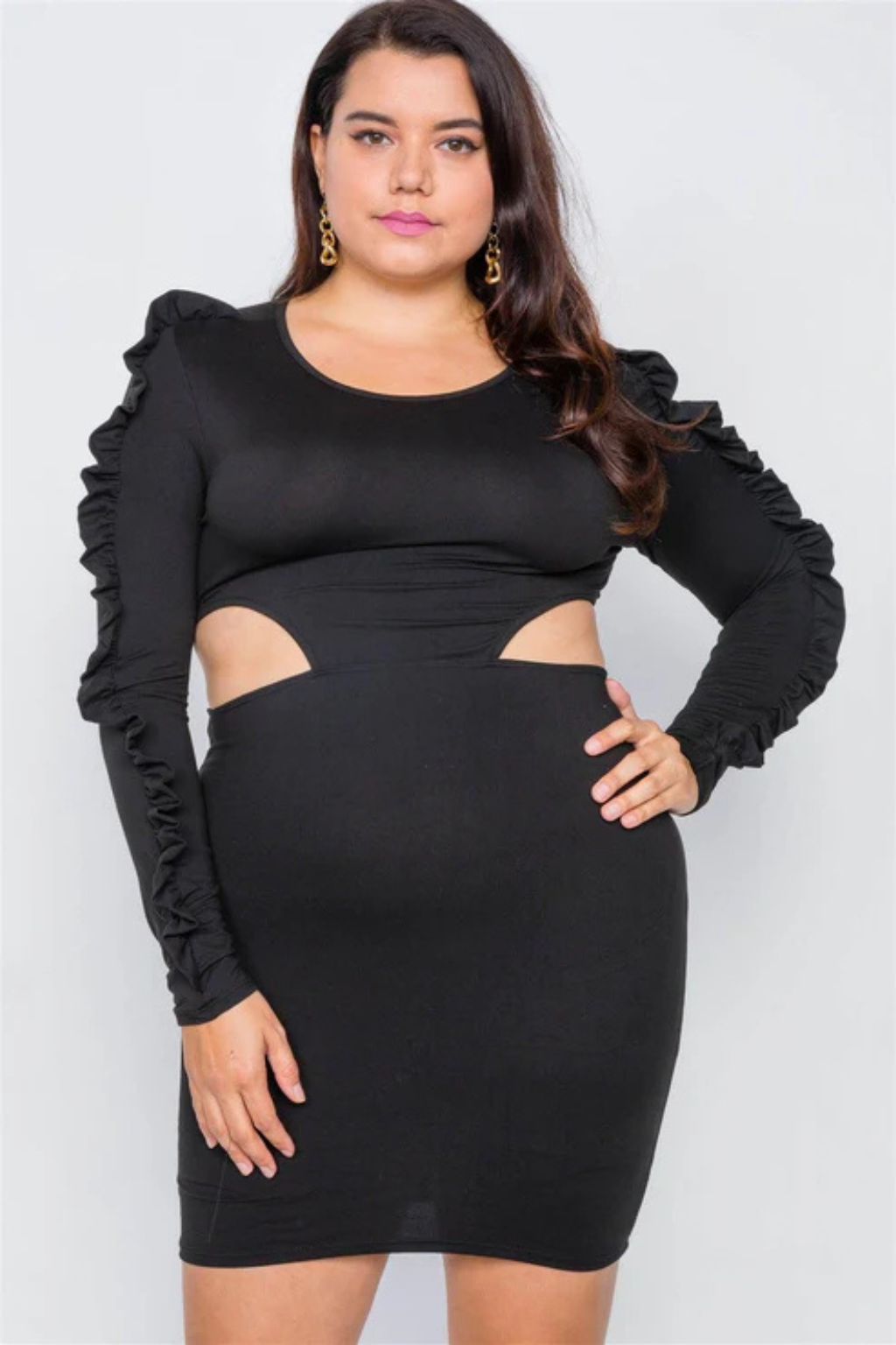 Plus Size Black Cut-Out Bodycon Dress with Flounce Sleeves | 1X-3X