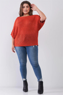 Plus Size Coral Sequin Knit Top | Sheer Loose Fit Bateau Neck