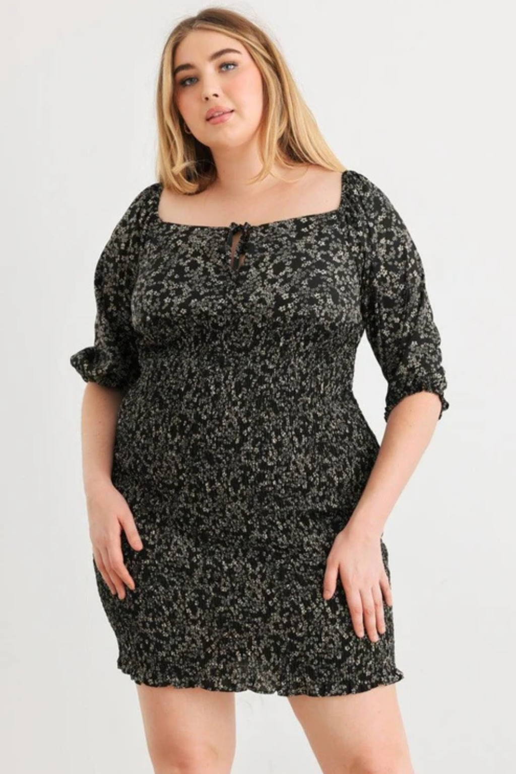 Plus Size Black Floral Smocked Mini Dress | Puff Sleeves Style