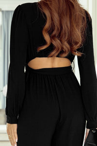 Black Cutout Back Belted V Neck Wide Leg Jumpsuit