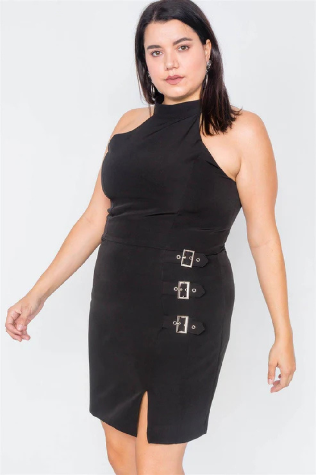 Plus Size Black Halter Buckle Mini Dress | Stylish & Sexy Fit