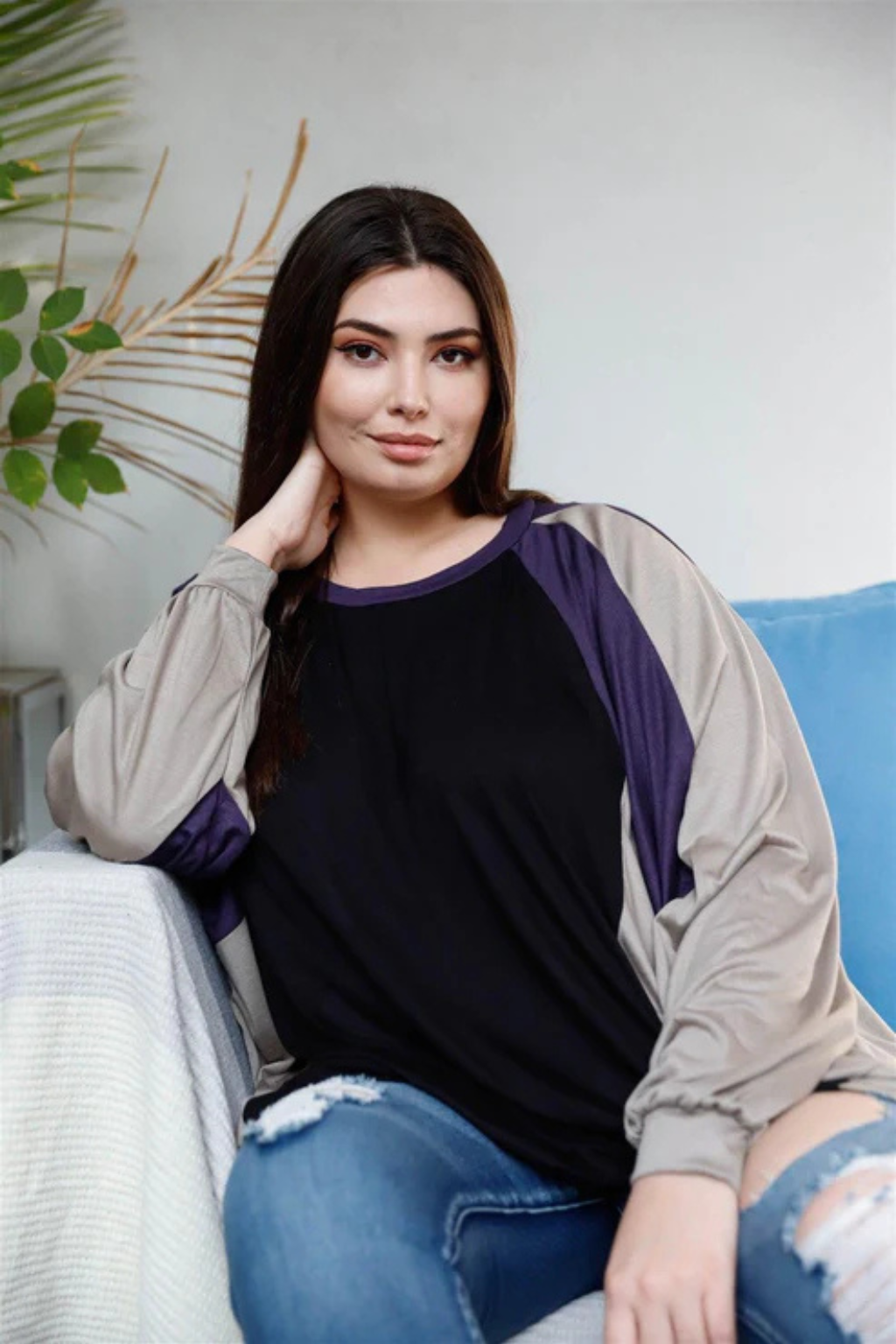 Plus Size Colorblock Dolman Sleeve Top – Black & Purple | Stylish & Comfortable