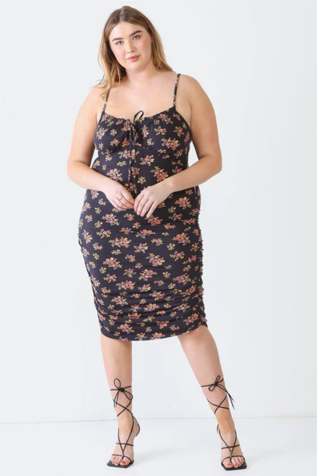 Plus Size Black Floral Ruched Midi Dress | Trendy & Flattering Fit