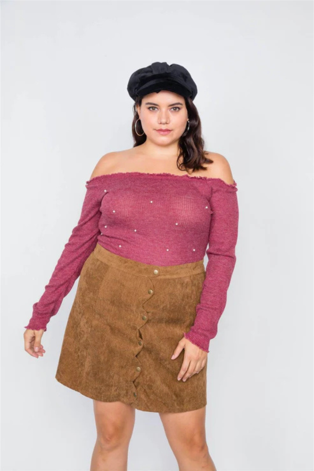 Plus Size Wine Off-The-Shoulder Pearl Ribbed Top | Elegant & Stylish