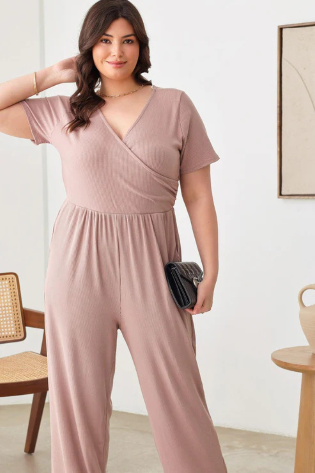 Plus Size Ribbed Wrap Jumpsuit – Short Sleeve & Wide Leg