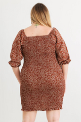 Plus Size Brown Floral Smocked Mini Dress | Trendy Puff Sleeves