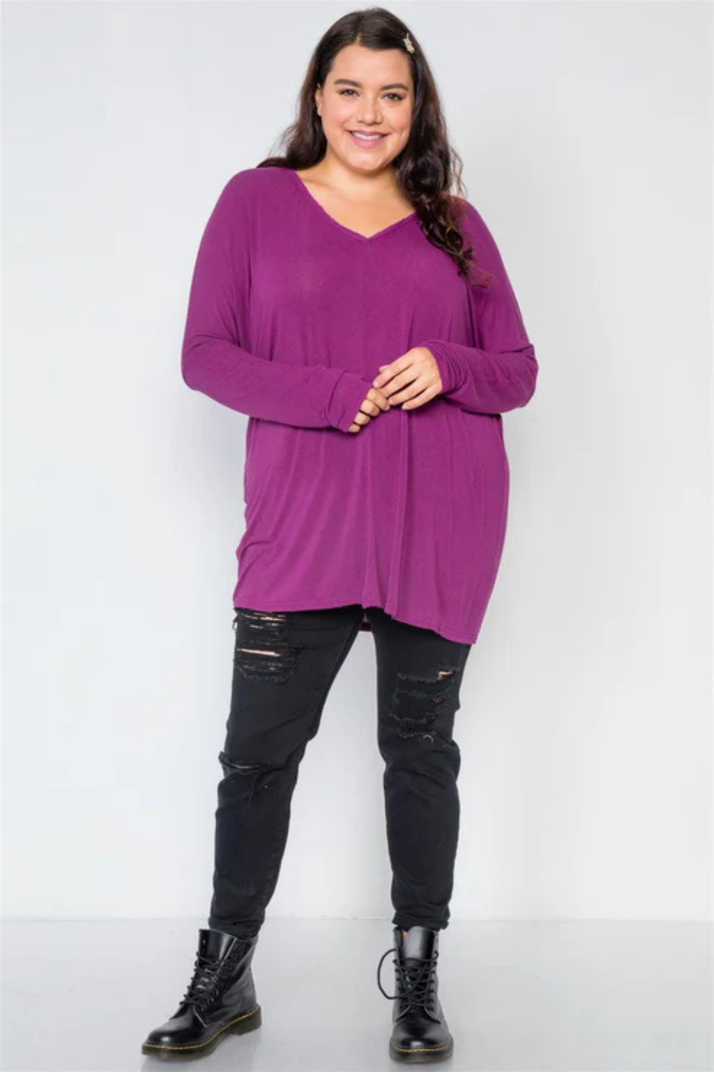 Plus Size Magenta Long Sleeve Tunic with V-Neck & Raw Hem