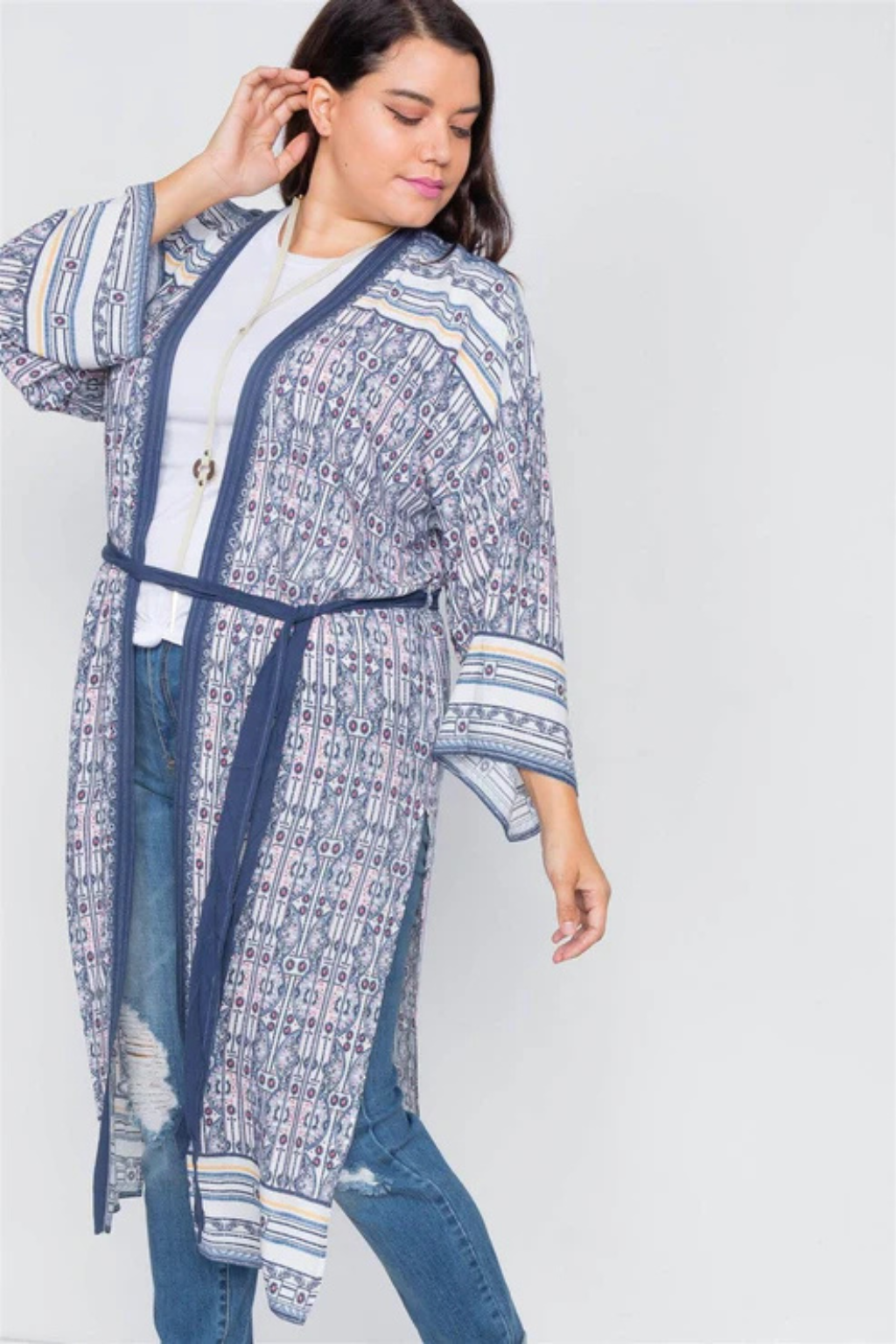 Boho Festival Kimono - Navy Pink Maxi Cardigan | Plus Size