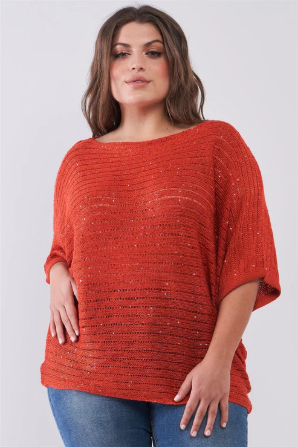 Plus Size Coral Sequin Knit Top | Sheer Loose Fit Bateau Neck