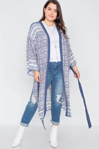 Boho Festival Kimono - Navy Pink Maxi Cardigan | Plus Size