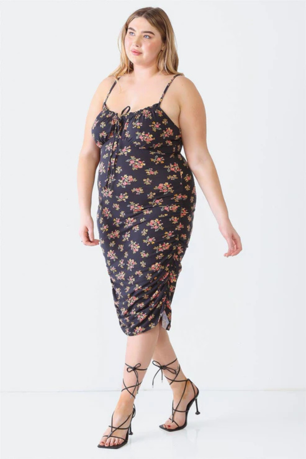 Plus Size Black Floral Ruched Midi Dress | Trendy & Flattering Fit