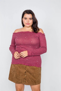 Plus Size Wine Off-The-Shoulder Pearl Ribbed Top | Elegant & Stylish