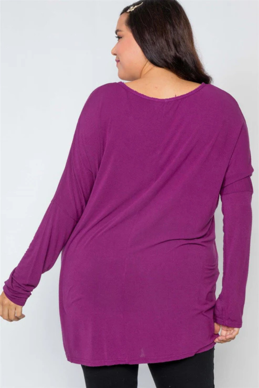 Plus Size Magenta Long Sleeve Tunic with V-Neck & Raw Hem