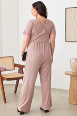 Plus Size Ribbed Wrap Jumpsuit – Short Sleeve & Wide Leg