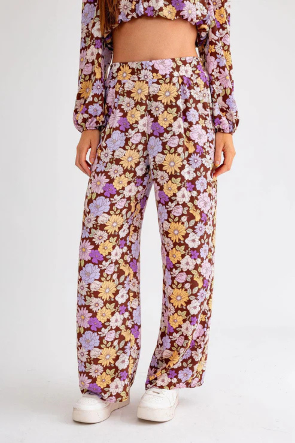 Boho Floral Crop Top & Wide Pants Set | Vintage Two-Piece Outfit