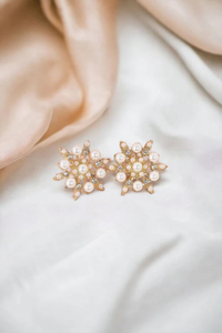 Golden Frost Studs | Gold & Pearl Snowflake Earrings for Festive Glam