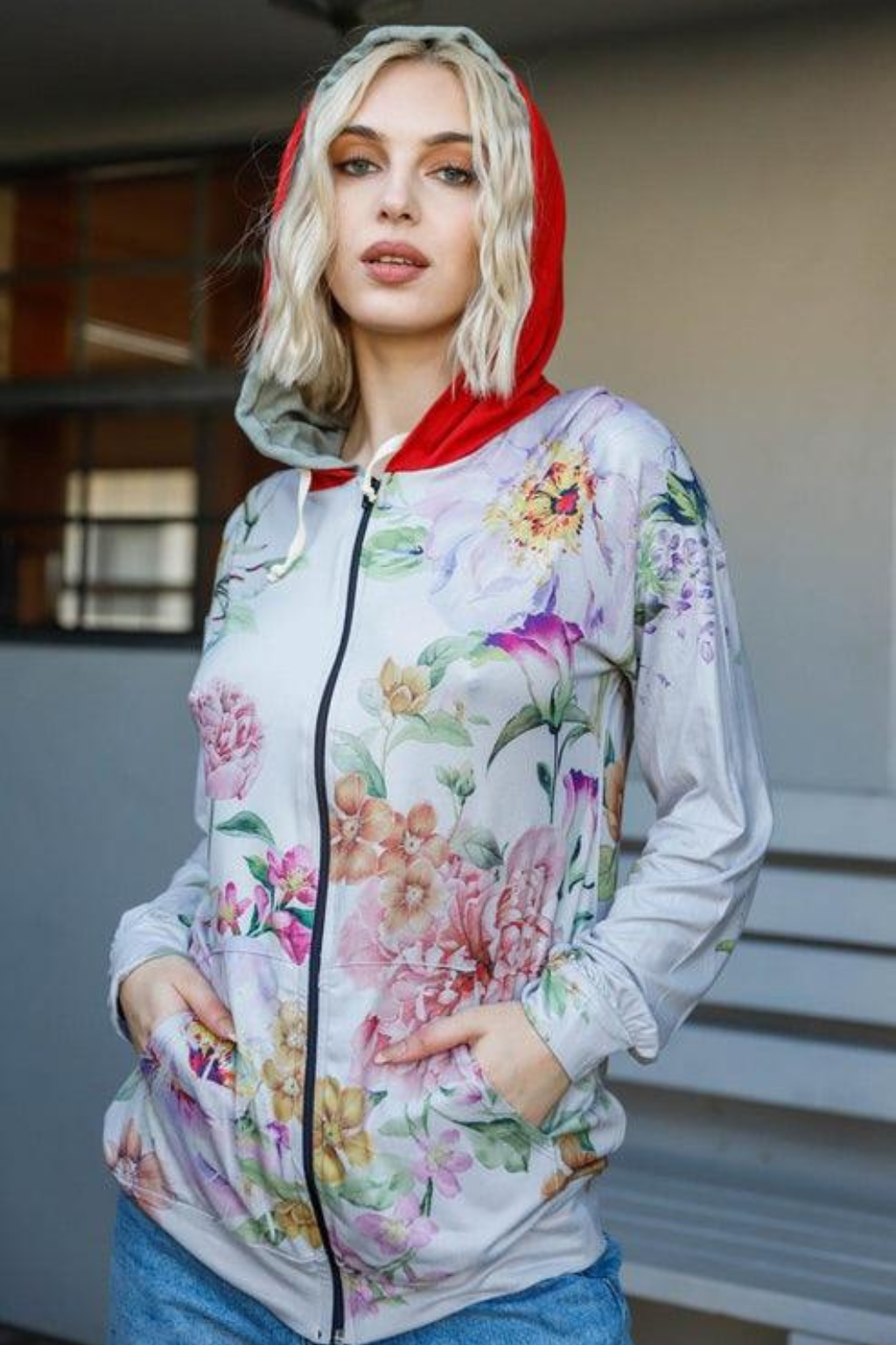 Plus Size Floral Zip-Up Hoodie with Striped Hood | Women’s Sweatshirt