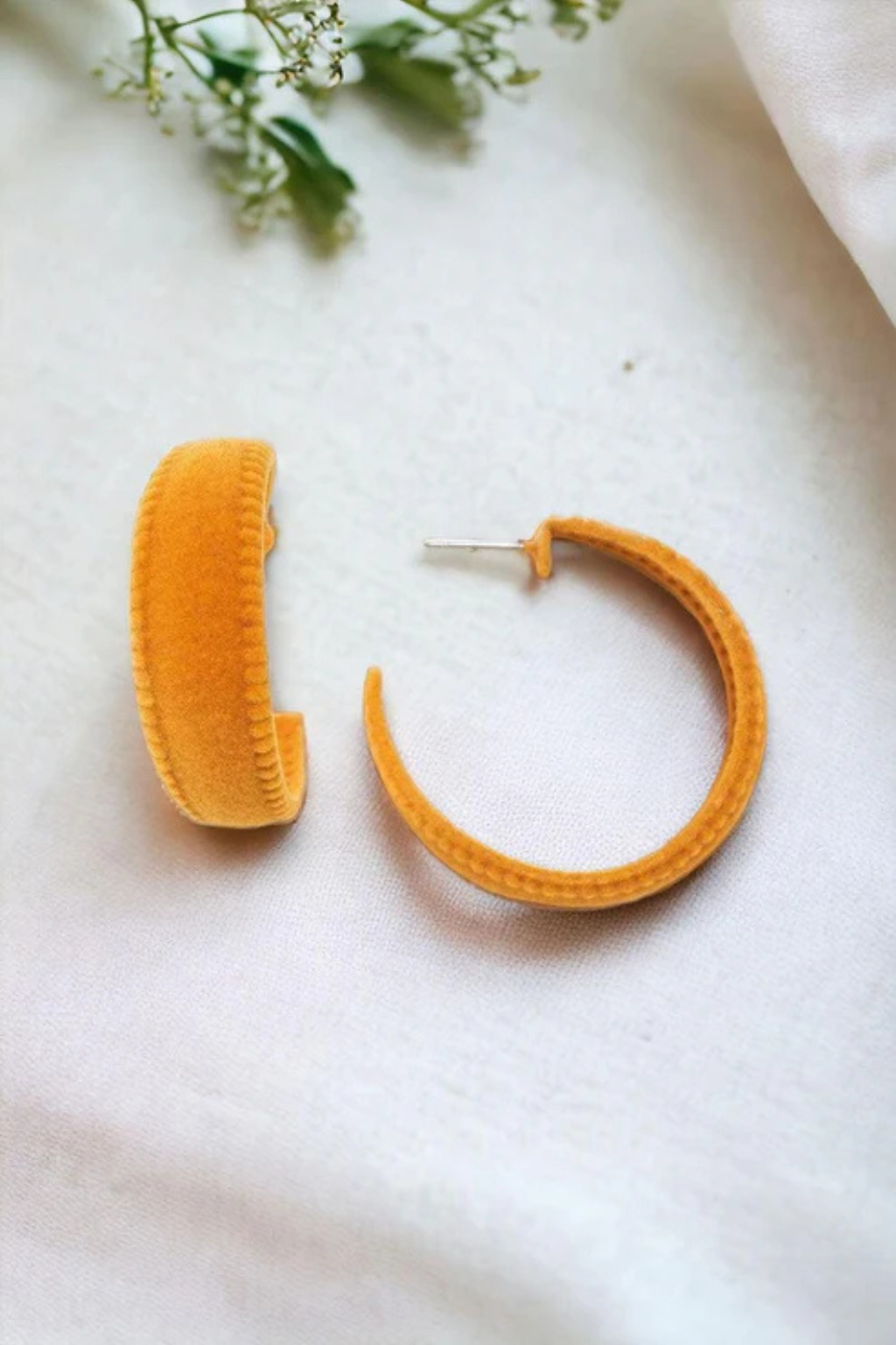 Mustard Velvet Statement Hoops – 90s Inspired Flat Earrings