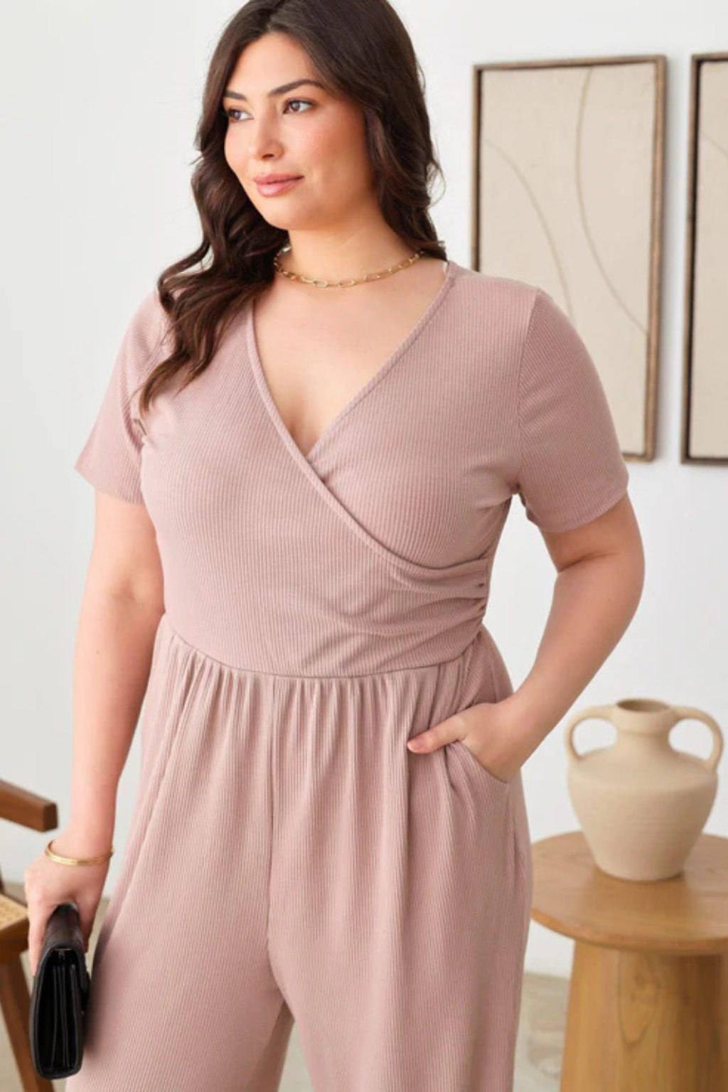 Plus Size Ribbed Wrap Jumpsuit – Short Sleeve & Wide Leg