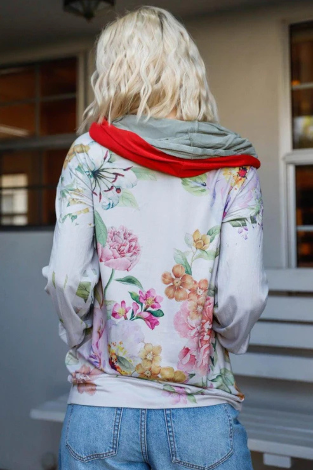 Plus Size Floral Zip-Up Hoodie with Striped Hood | Women’s Sweatshirt