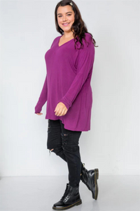 Plus Size Magenta Long Sleeve Tunic with V-Neck & Raw Hem