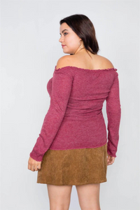 Plus Size Wine Off-The-Shoulder Pearl Ribbed Top | Elegant & Stylish