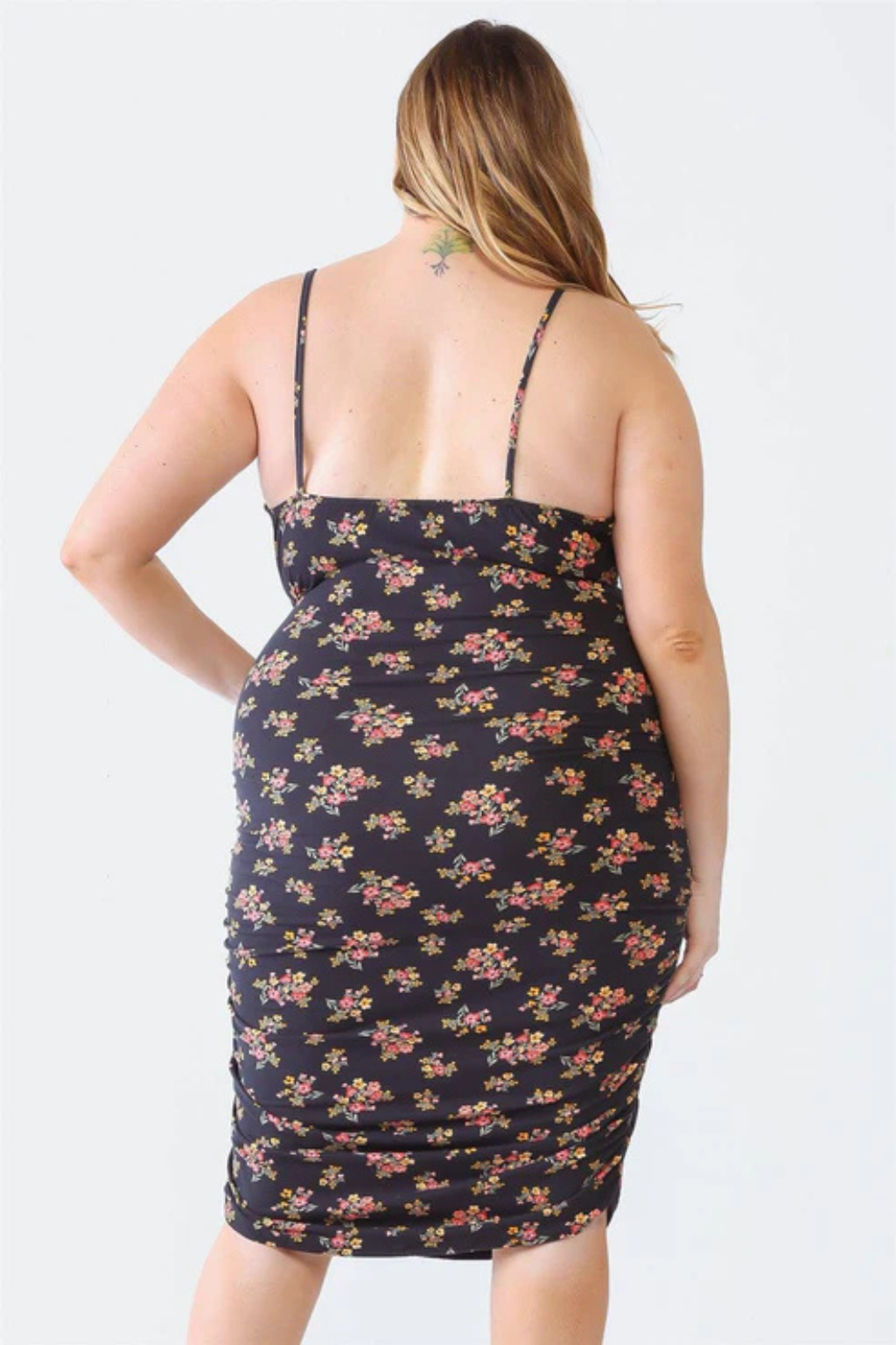 Plus Size Black Floral Ruched Midi Dress | Trendy & Flattering Fit