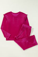 Rose Red Solid Velvet Ruffled Two Piece Pants Set