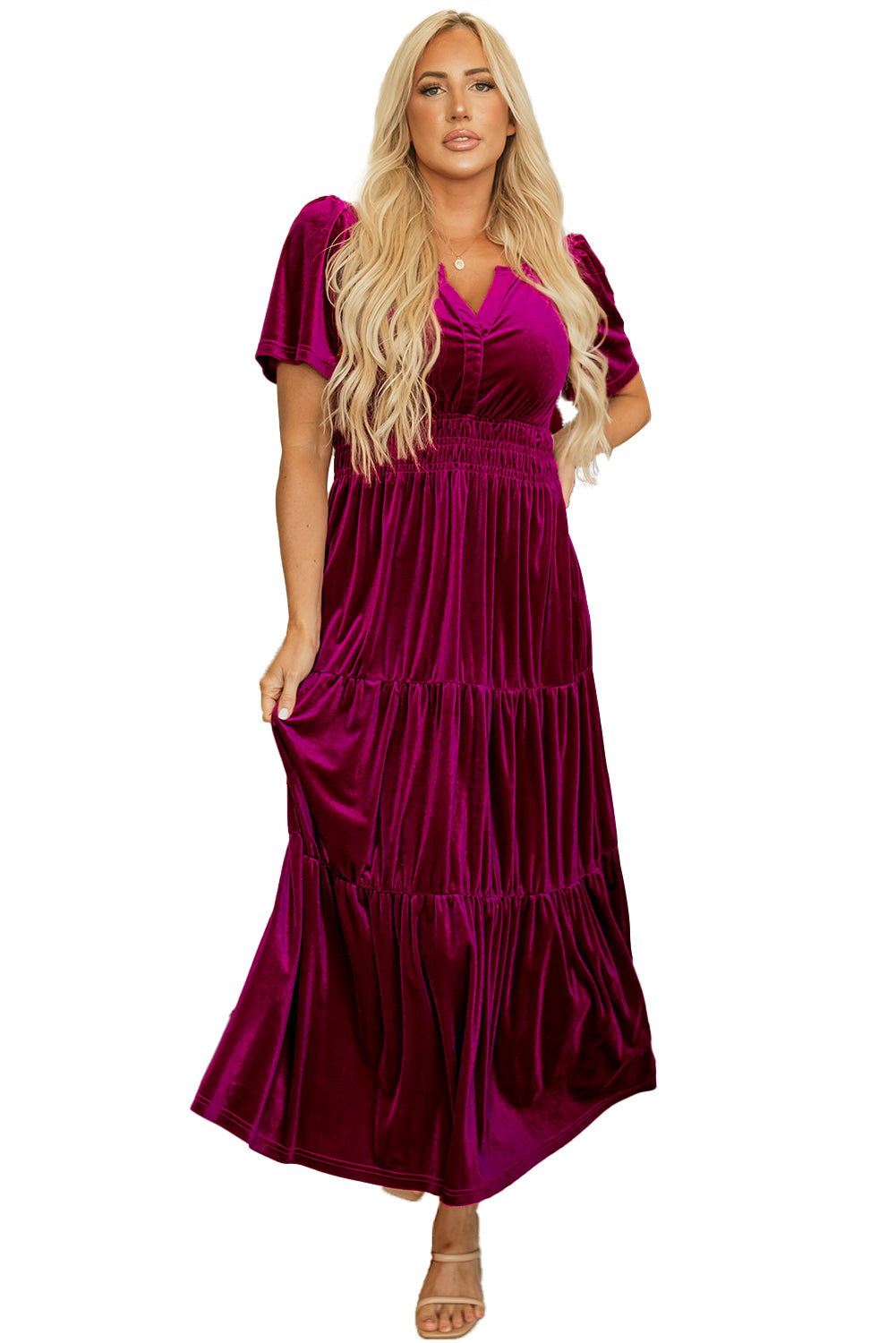 Red Dahlia Velvet Short Sleeve Shirred Waist Tiered Maxi Dress