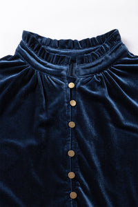 Navy Blue Frilled Neck Buttoned Front Velvet Top