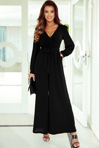 Black Cutout Back Belted V Neck Wide Leg Jumpsuit