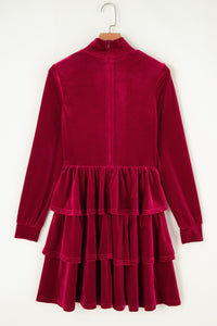 Racing Red Velvet High Neck Tiered Ruffle Mini Dress