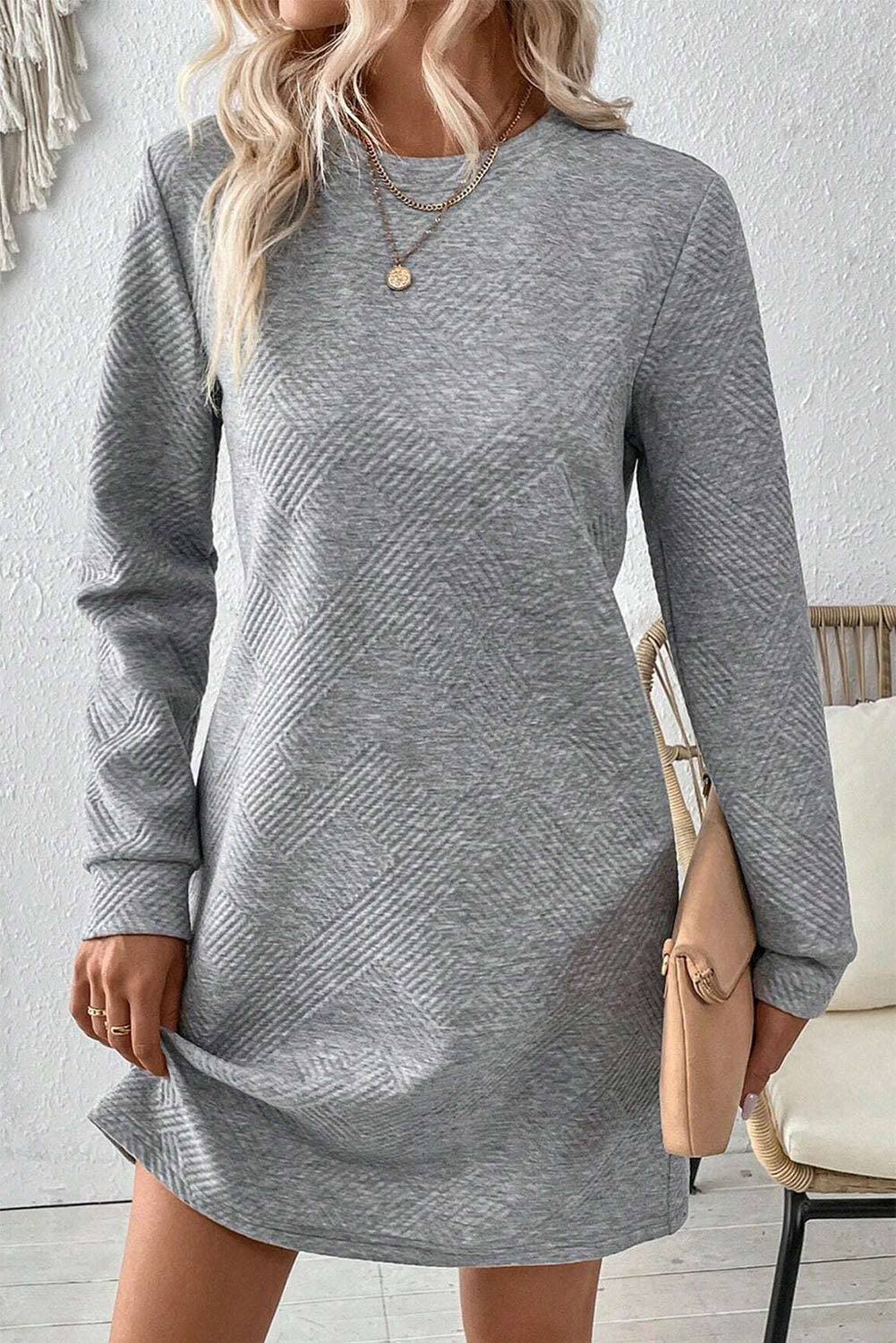 Gray Solid Color Textured Long Sleeve Shift Dress