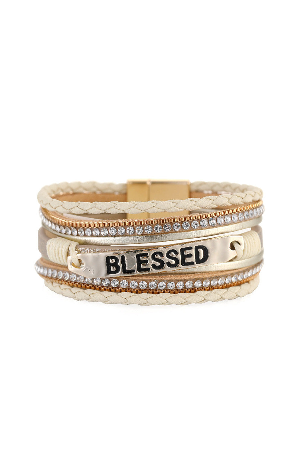 Beige BLESSED Rhinestone Braided Detail Buckle Bracelet