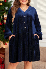 Navy Blue Plus Size Textured Velvet Tiered Button V Neck Dress