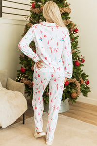 White Christmas Print Lapel Shirt and Pants Sleepwear