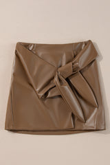 Coffee Bowknot Faux Leather Mini Skirt