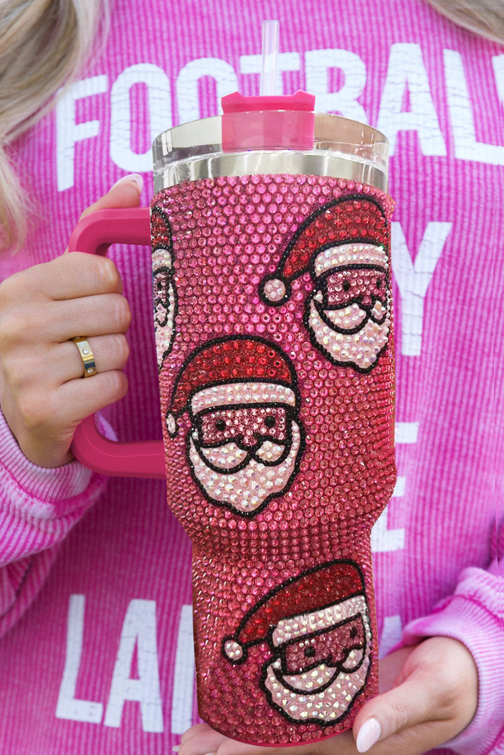 Rose Red Christmas Santa Claus Diamond Thermos Cup with Straw 40oz